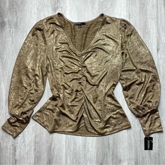 Studio by JPR Tops - Women's Gold Metallic V-Neck Ruched Long Sleeve Top L